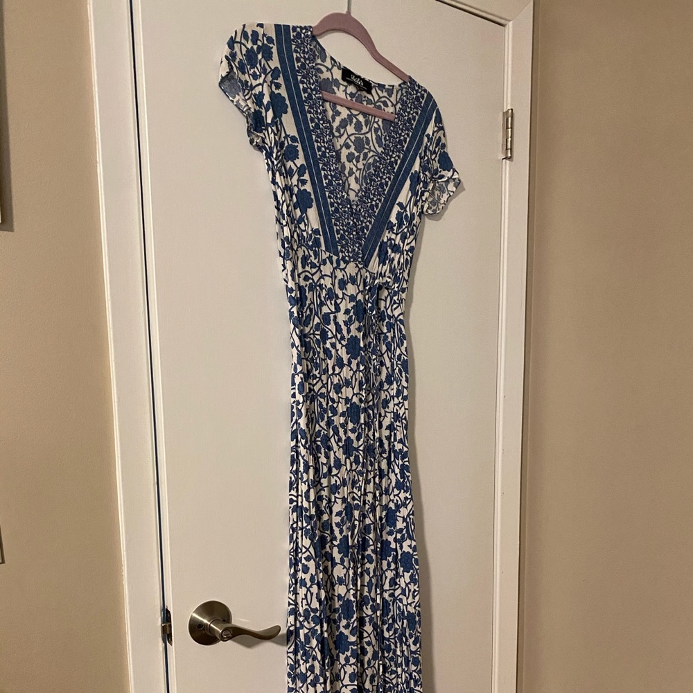 Ivory and Blue Floral Print Wrap Maxi Dress
